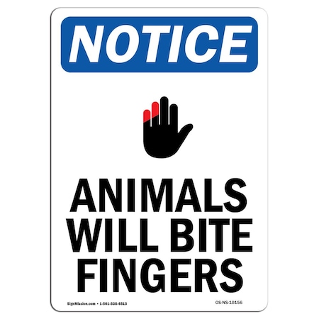 Signmission OSHA Sign, Animals Will Bite Fingers With Symbol, 18in X 12in Rigid Plastic, 12" W, 18" L, Portrait OS-NS-P-1218-V-10156